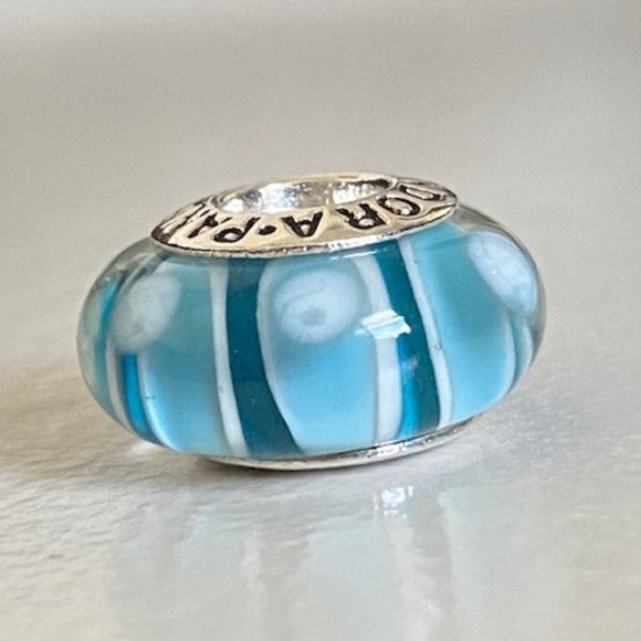 PANDORA Silver 925 ALE Murano Glass Screw Core Blue Stripes With White Dots Bead - Picture 6 of 8